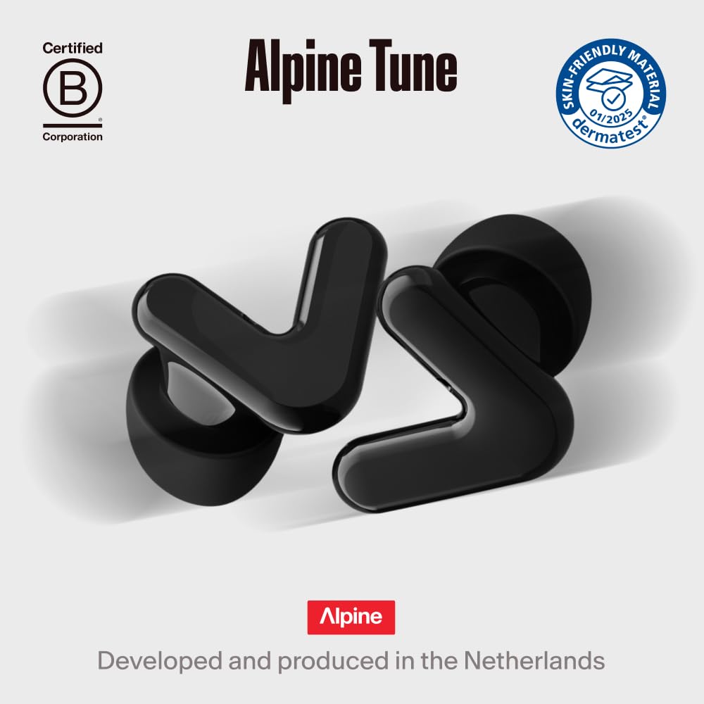 Alpine Tune Earplugs, Concert Ear Plugs for Noise Reduction, High-Fidelity Music Quality, 19dB Hearing Protection with Crystal Clear Sound, Incl. 4 Sizes, For Parties, Raves, Festivals & Clubs, Black