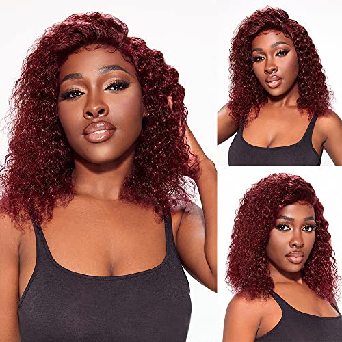 99J Lace Front Bob Wig Curly Wigs for Black Women Wet and Wavy Brazilian Remy Hair Unprocessed Human Hair Wigs Pre Plucked With Baby Hair Lace Frontal Wigs With Natural Hairline Wine Red 14 Inch