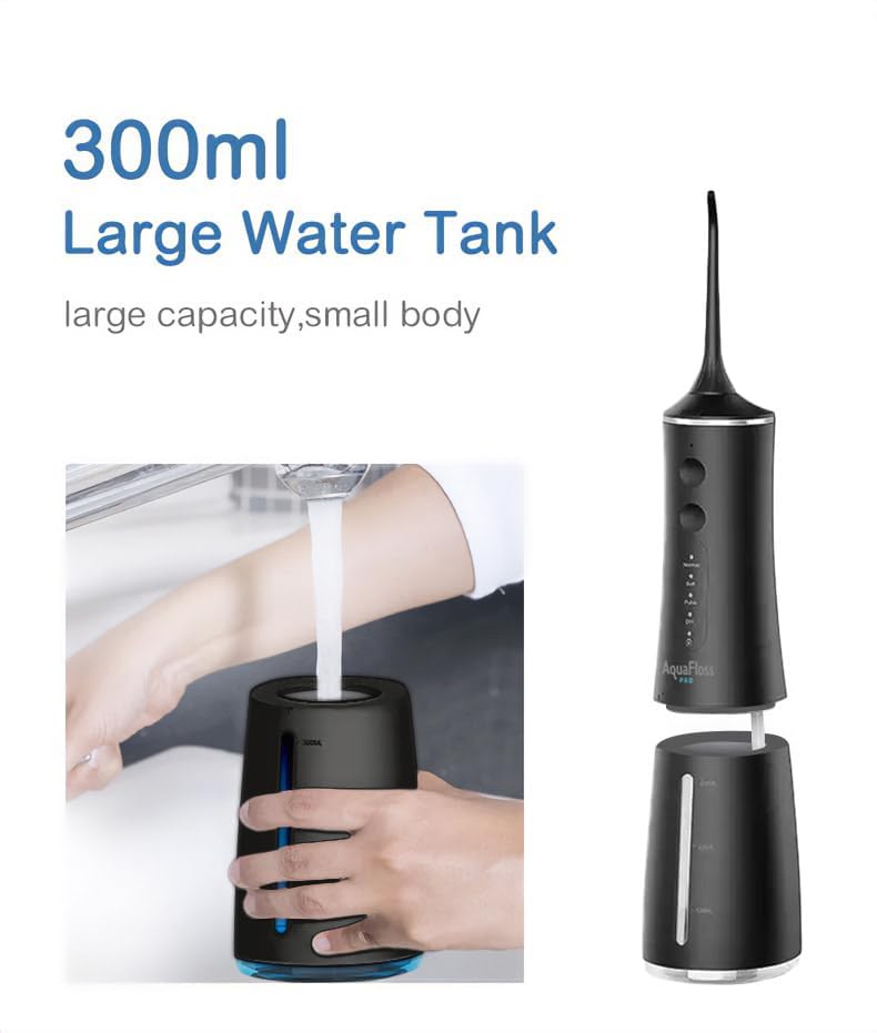 AquaFloss Pro Water Dental Flosser Teeth Pick Portable Cordless Oral Irrigator 300ml Water Tank Rechargeable Travel Teeth Cleaner IPX7 Waterproof Electric Water Flosser BV609 (Black)