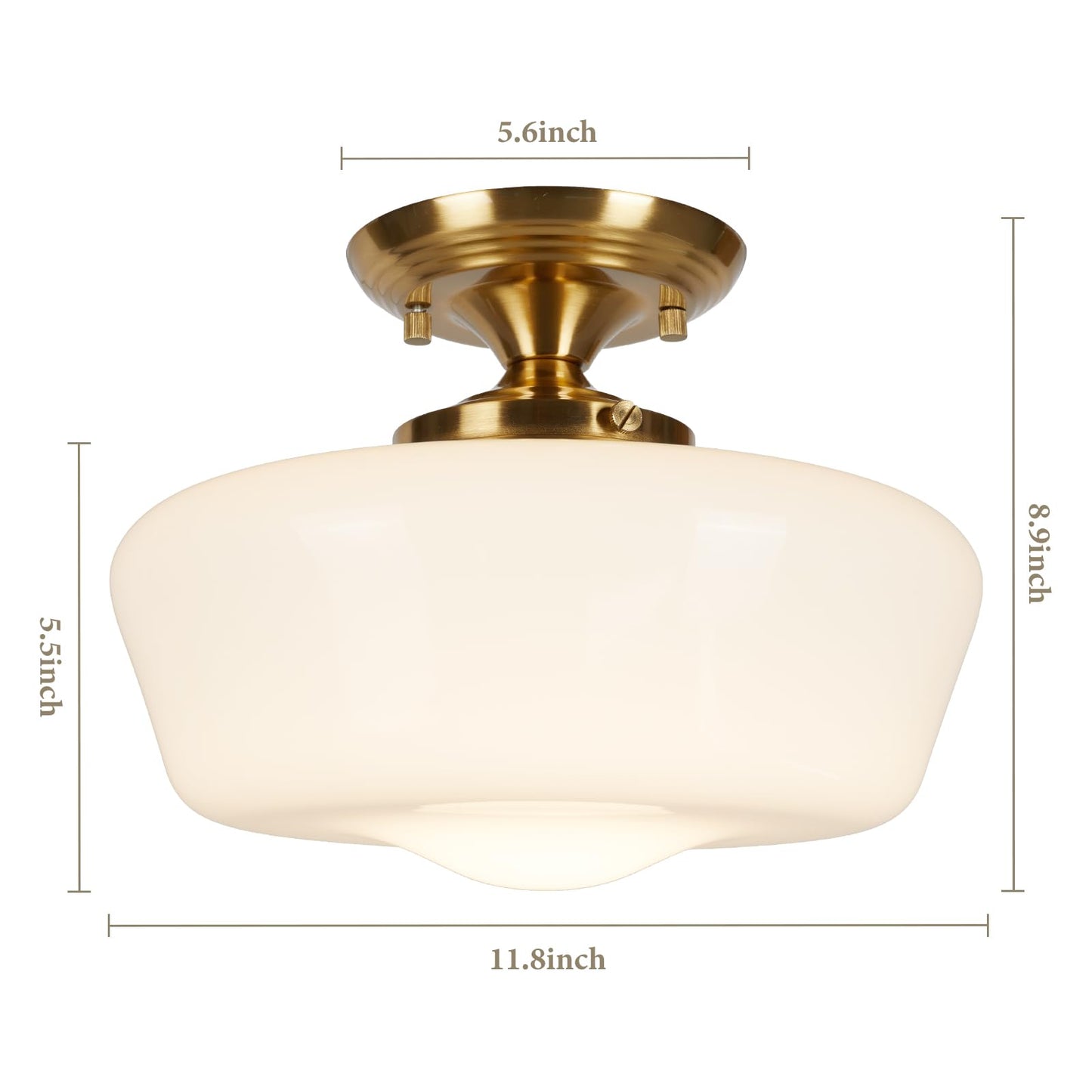 Schoolhouse Style Semi Flush Mount Ceiling Light Fixture, 12" Modern Gold Hallway Ceiling Lamp with Opal Milk Glass Shade Brass, Farmhouse Globe Light for Bedroom Kitchen Hallway Entryway Laundry