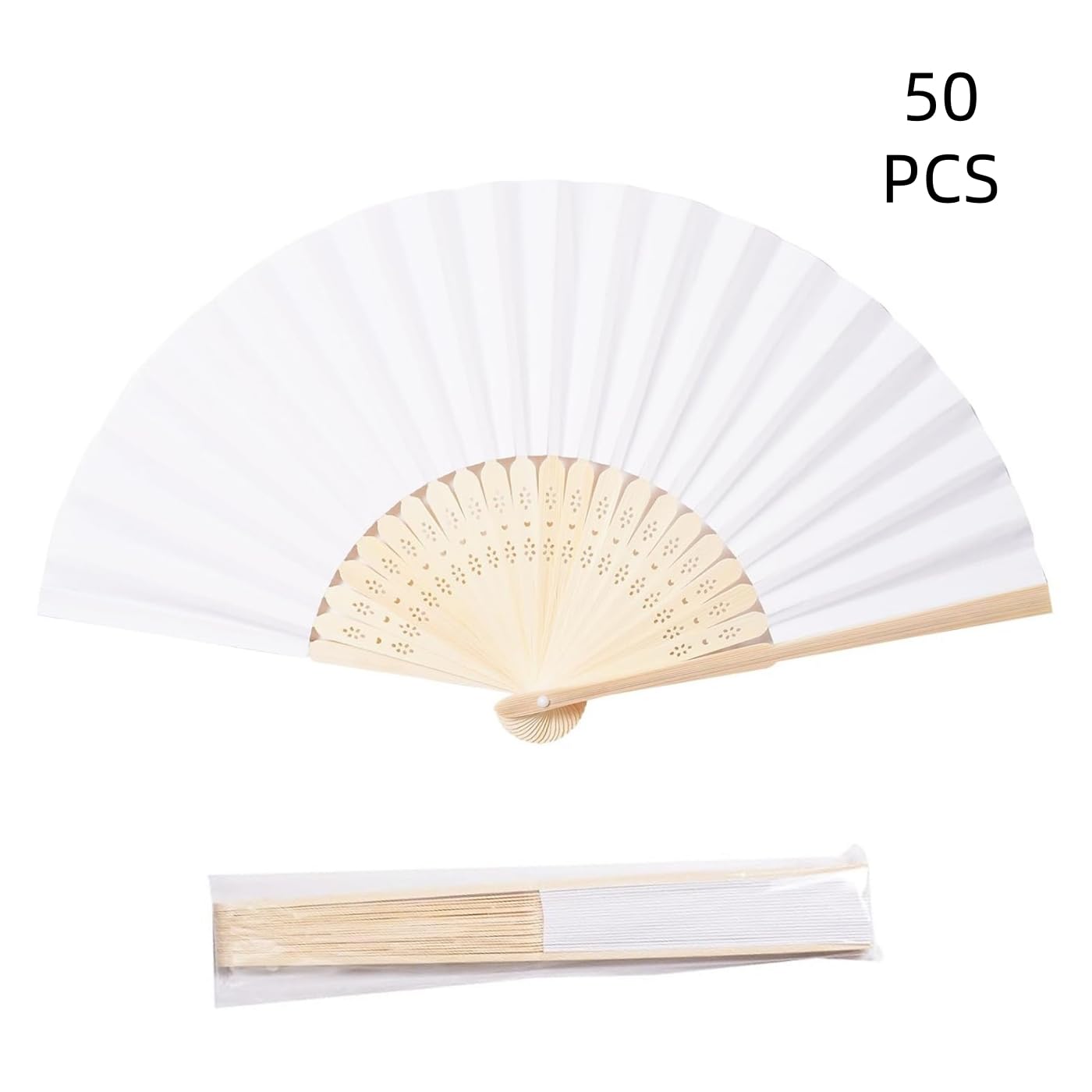 ffscafscn Paper Hand Fans, 8.3 Inch Foldable Handheld Fans for Wedding Favors, Party Decorations, Bridal Shower, Baby Shower, Summer Cooling, (White 50pcs)