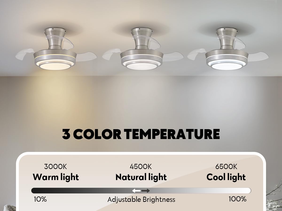 APBEAMLighting Retractable Small Led Ceiling Fan with Light and Remote 28 Inch Low Profile Brushed Nickle Modern Fandelier for Bedroom Living Room Dimmable 6 Speed Reversible Smart Ceiling Fan