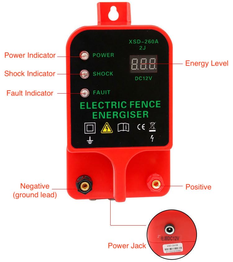 10KM 2J Portable Electric Fence Energizer, Waterproof Fence Charger for Livestock Cattle Horse, AC or Battery Powered, Alarm Function