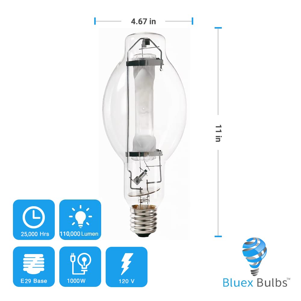 Bluex Bulbs (2 Pack MH1000/U/BT37 1000W Metal Halide Bulb Mogul Base (E39) - BT37 Clear M47 HID Lamp 110,000 Lumens 4000K