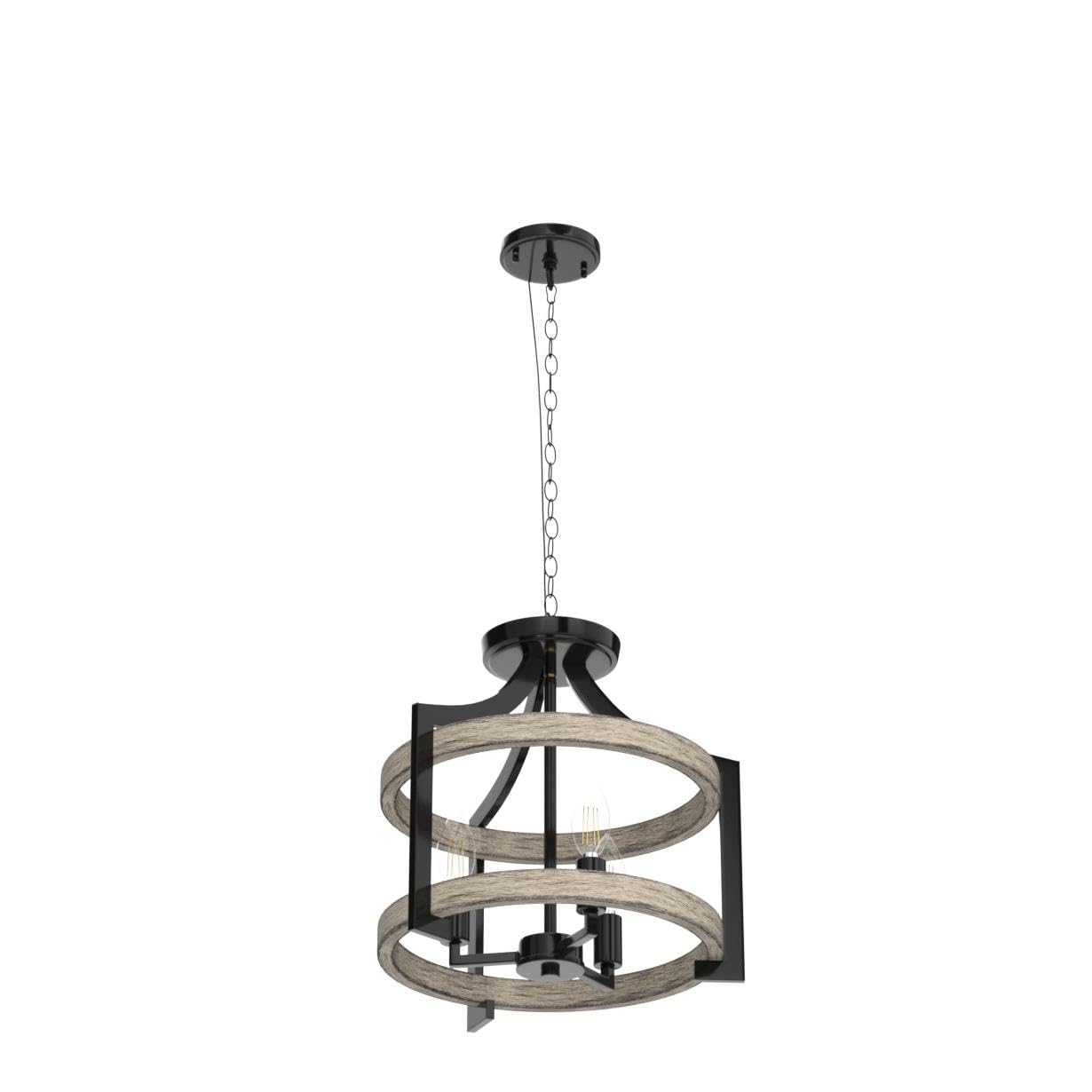 3-Light Rustic Farmhouse Pendant Hanging Light Adjustable Height Max 68in, 14.5” Convertible Vintage Semi Flush Mount Ceiling Light Fixture Black Metal Chandelier Wood Finish Kitchen Dining Room