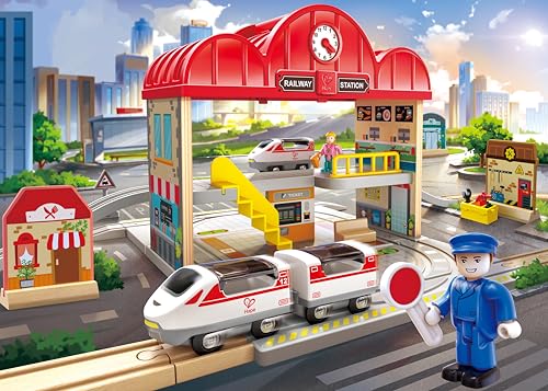 Hape Portable Wooden Train Station Set, Children's Train Set, Rails, Train Station and Characters, Easy to Carry