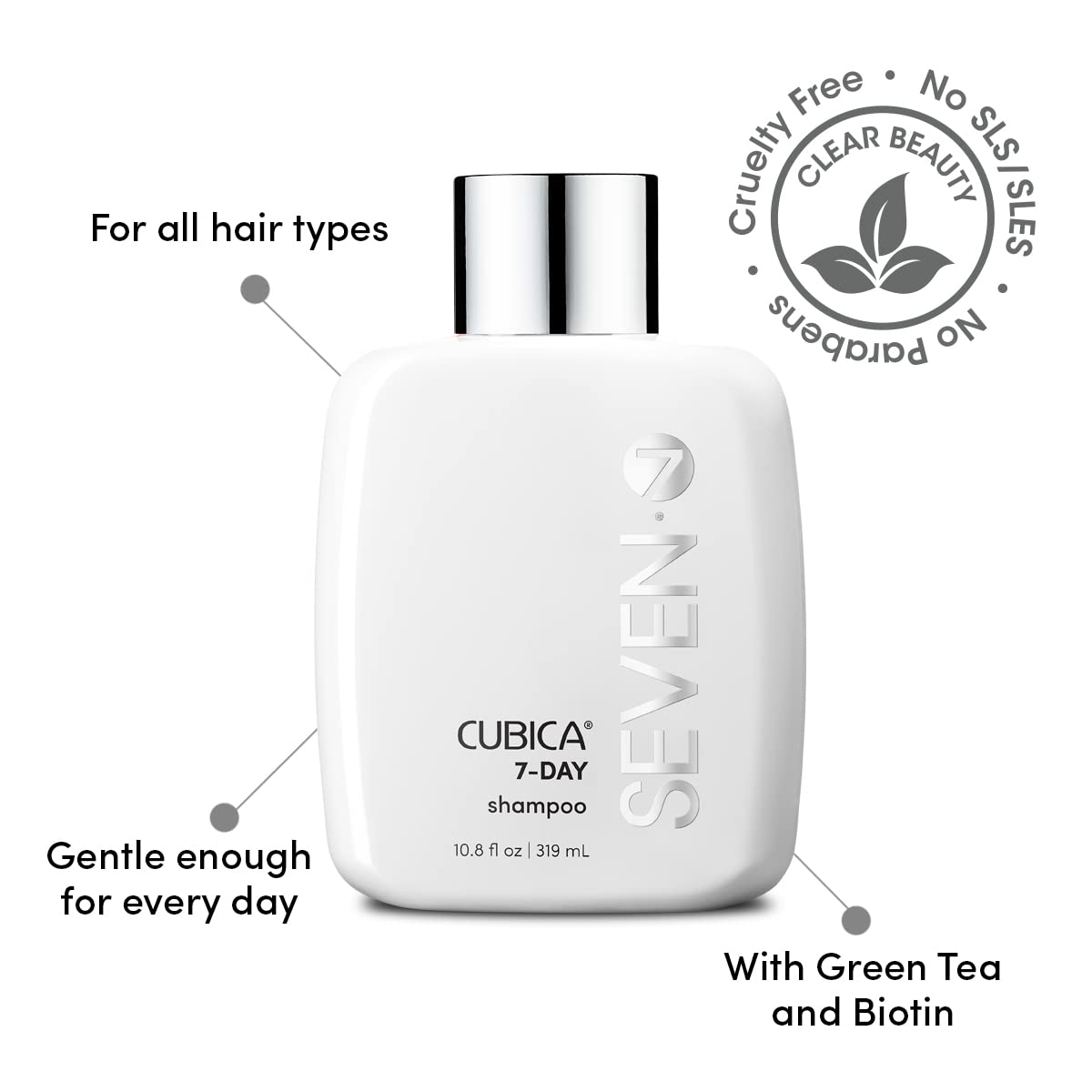 SEVEN Haircare Cubica 7-DAY Shampoo for Women, Men, All Hair Types, Add Shine and Moisture to Hair, Sulfate & Paraben Free, Cruelty Free with Biotin + Green Tea Extract, Made in USA, 32oz