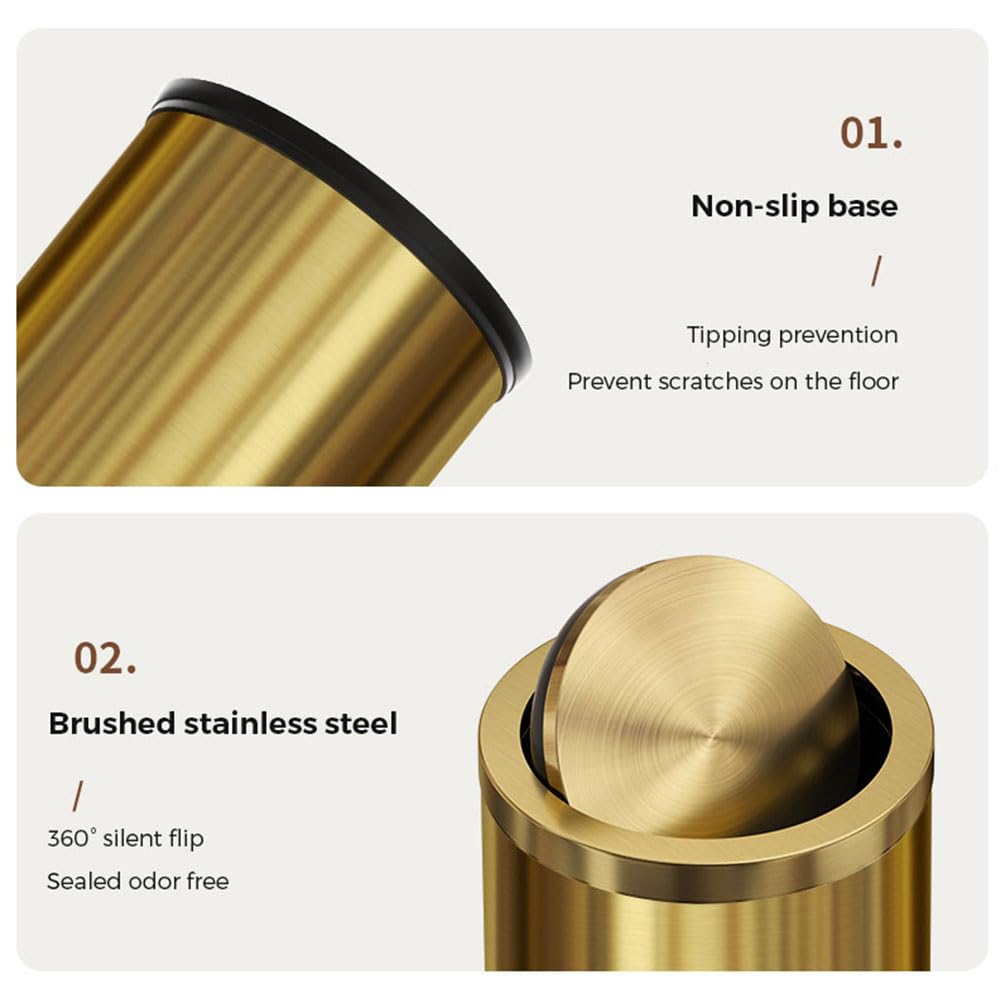 LEASYLIFE 9 Liter/2.4 Gallon, Small Gold Trash can with Swing lid, Brass Bathroom Trash can, Bedroom Garbage bin,Trash bin for Office, Living Room,Bathroom,Restaurant Bathroom