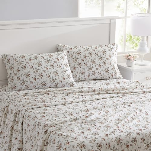 Laura Ashley - Flannel Sheets Queen Size, Anti-Pilling & Wrinkle Resistant Cotton, Touchably Soft for All-Season Comfort - Bed Sheets with Matching Pillowcases & Fitted Sheet (Le Fleur Orange)