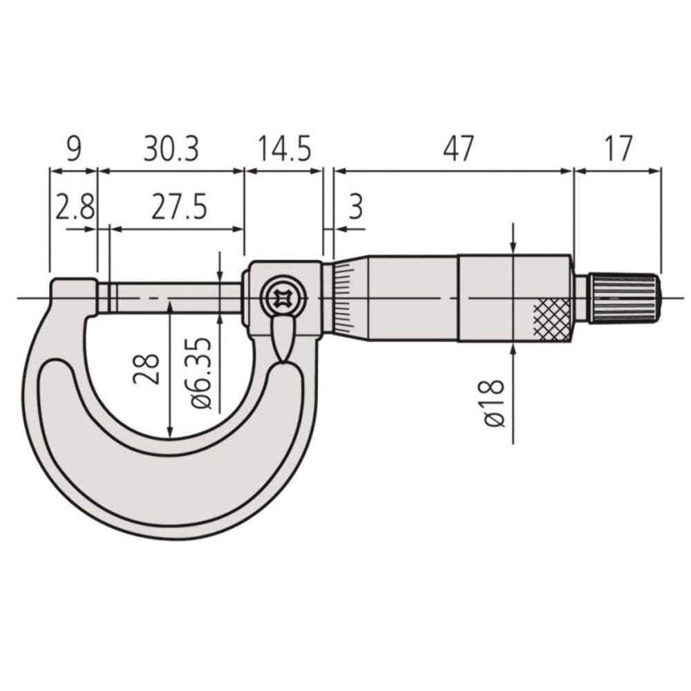 Mitutoyo 103-129 Outside Micrometer, Baked-enamel Finish, Ratchet Stop, 0-25mm Range, 0.001mm Graduation, +/-0.002mm Accuracy