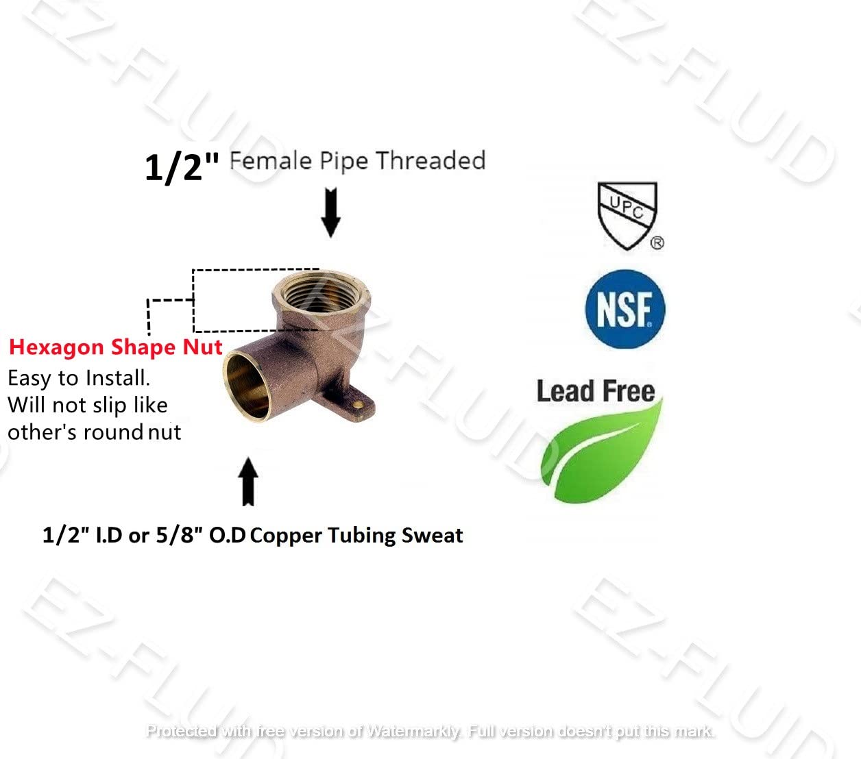 EZ-FLUID(10-pack) 1/2" Nom. Copper Sweat X 1/2" Fip Threaded Drop Ear Elbow Fitting 1/2"C by F, LF Brass Shower Drop Ear 90 Degree Elbow with Sweat Socket and Female Threaded Plumbing Fittings