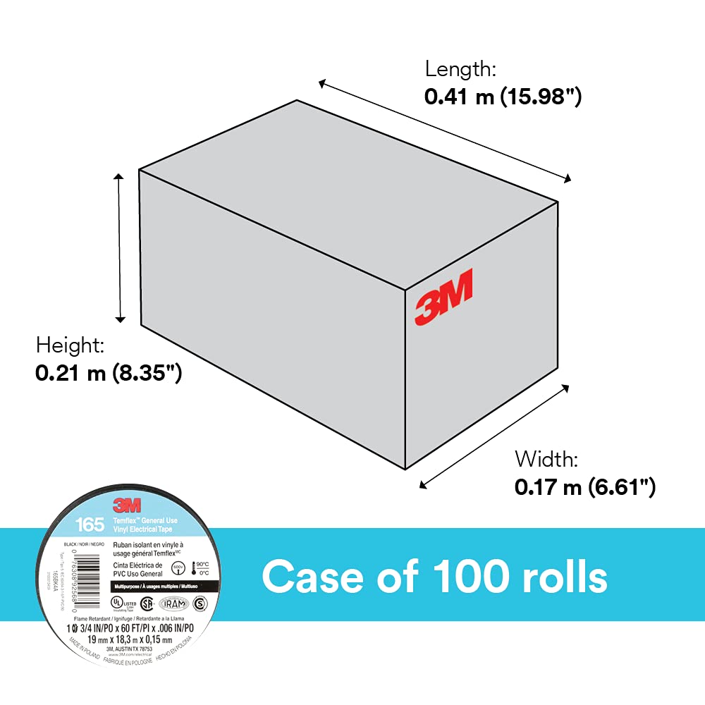 3M Temflex Vinyl Electrical Tape 165, Black, 3/4 in x 60 ft (19 mm x 18 m), 6 mil, 100 Rolls/Case