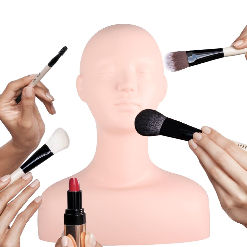 Lwuey Multi Function Makeup Practice Model, Esthetics Soft Mannequin Head with Shoulders Massage Wig Hat Display Silicone PVC Skin Texture Facial Practicing for Salons Cosmetology School Students