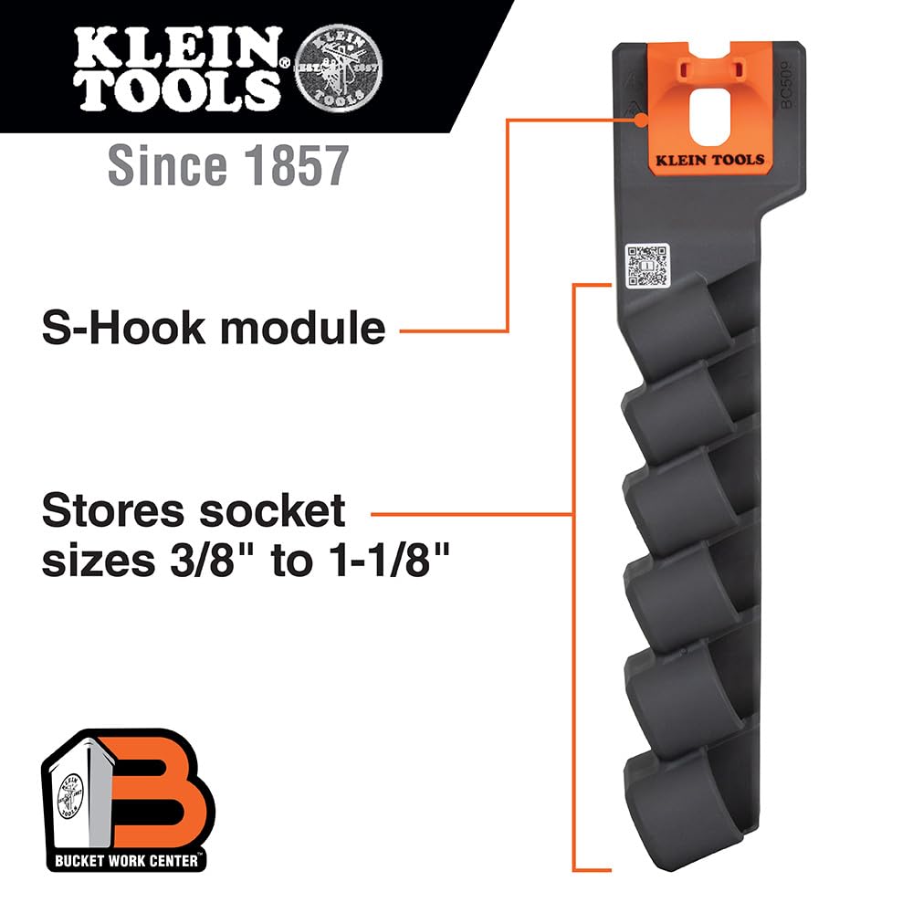 Klein Tools BC509S Socket Holder Module, Hold 6 Impact Socket Sizes 3/8-Inch to 1-1/8-Inch, Optional S-Hook Secures Module to Aerial Buckets
