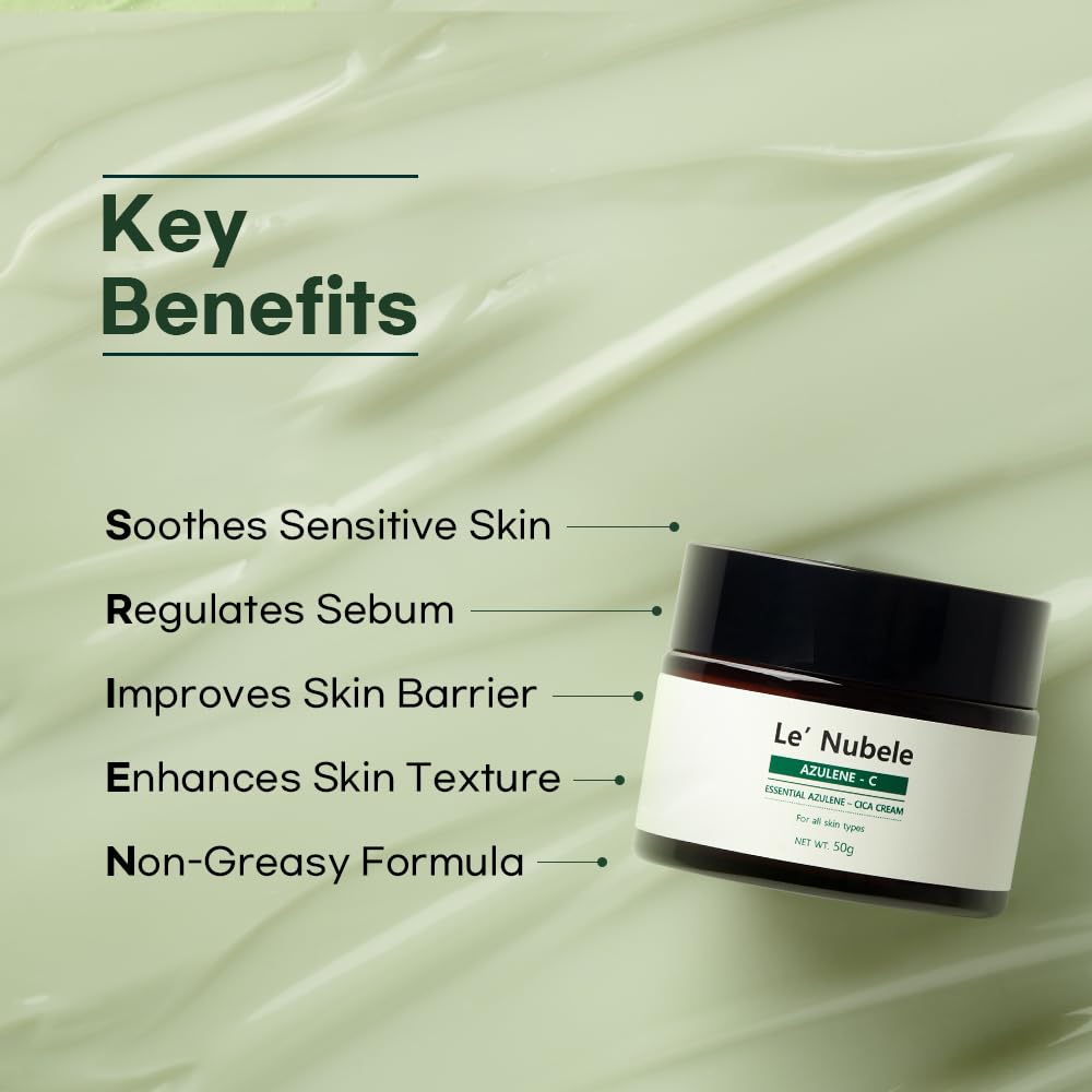 Le' Nubele Azulene Cica Cream | Soothing & Hydrating | Azulene, Centella & Manchurian Birch Bark | Korean Skincare Moisturizer for Sensitive Skin | Anti-Aging & Skin Barrier Care, 1.76 oz (Pack of 1)