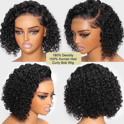 200% Density Short Curly Bob Wig Human Hair Deep Wave 13x4 HD Lace Front Wigs Human Hair for Black Woman Water Wave Glueless Wigs Human Hair Pre Plucked Natural Color 10 Inch