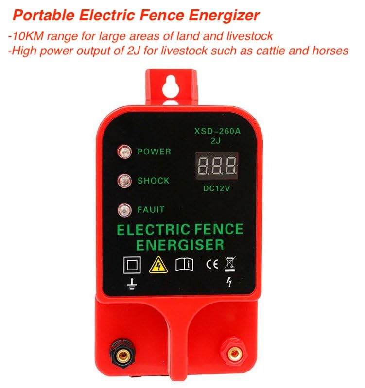 10KM 2J Portable Electric Fence Energizer, Waterproof Fence Charger for Livestock Cattle Horse, AC or Battery Powered, Alarm Function