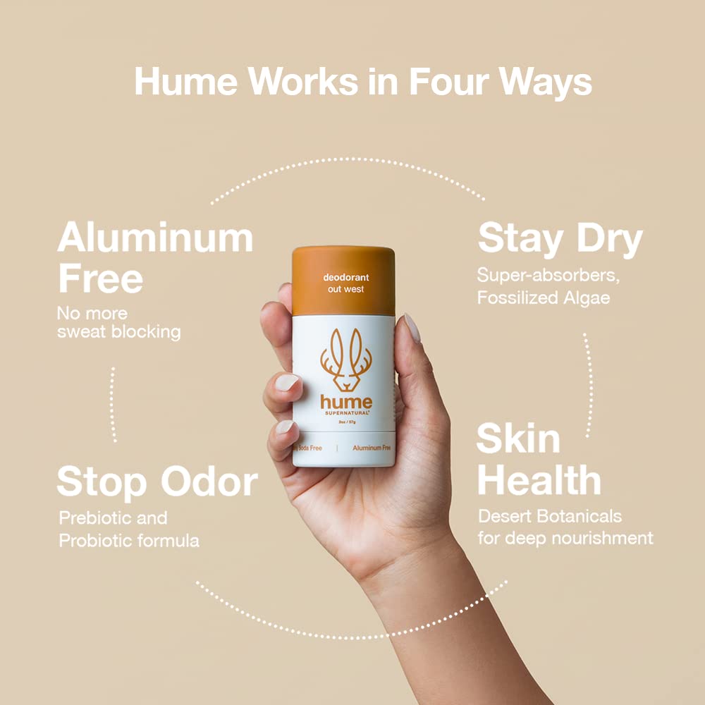 Hume Supernatural Aluminum Free Deodorant for Women & Men - Probiotic and Plant-Based, Long-Lasting Moisture Absorbing - Clean and Effective (Out West - 3 pack)