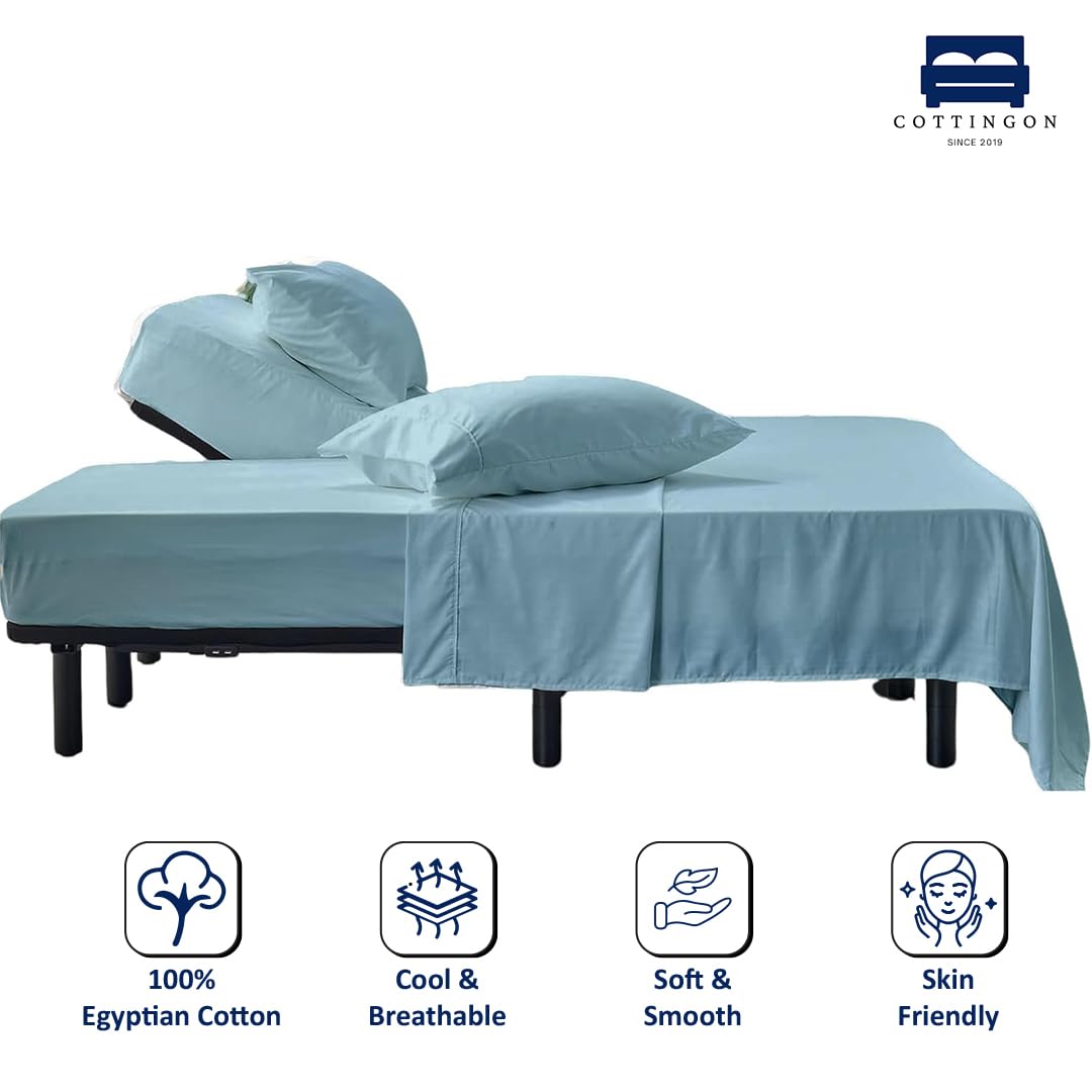 Cottingon 4 Piece Flex Head King Sheet Set, Top 34 Inch Split Sheets for Sleep Number Adjustable Beds, Soft Breathable 100% Egyptian Cotton, Fits Upto 16" Deep Mattress 78"X80"+ 34", Light Blue