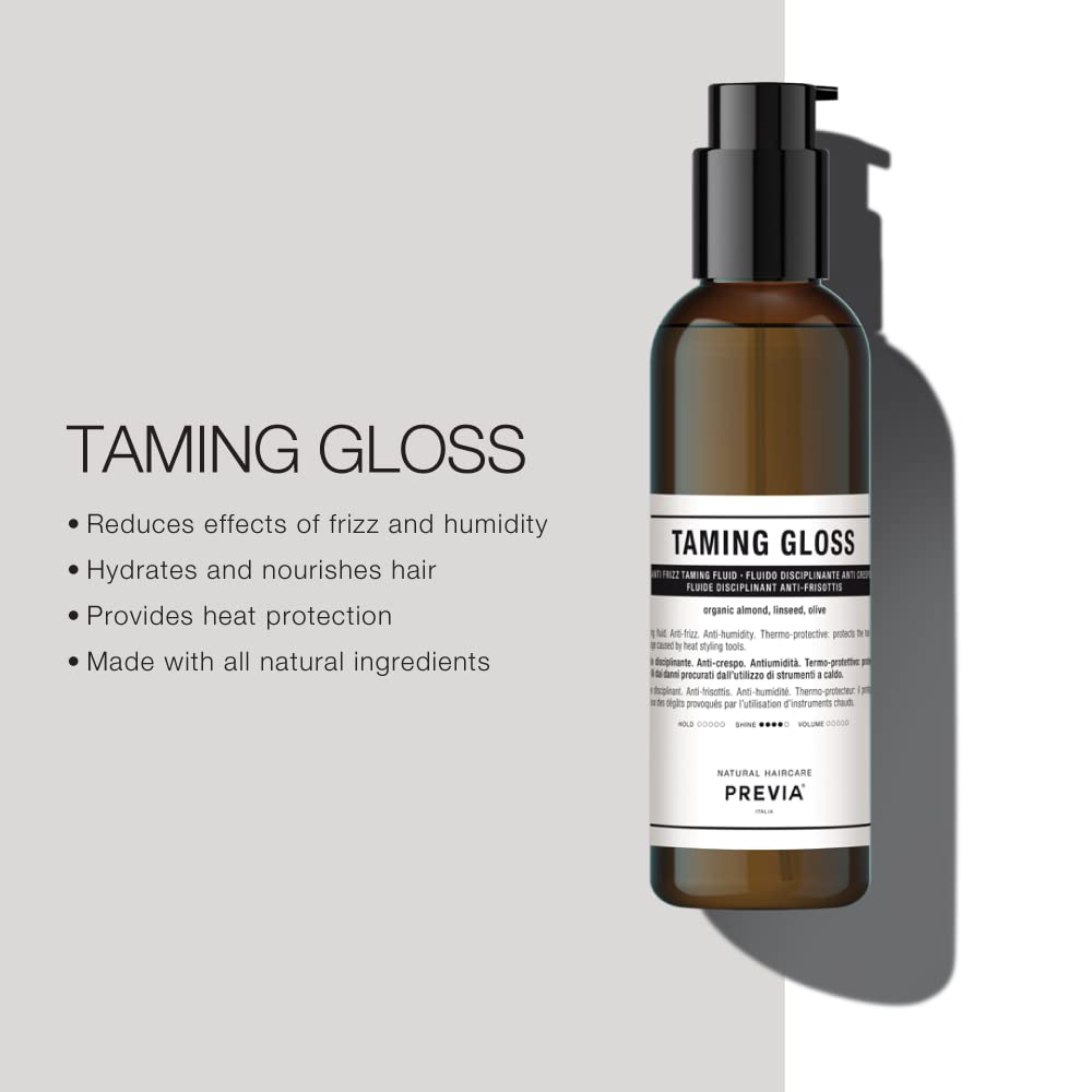 PREVIA Taming Gloss Anti-Frizz Hair Serum - Thermal Protection with Organic Almond Vegan - Moisturizing Formula for Smooth Shiny Hair ā Heat Protectant Glossifying Serum for Frizzy Hair - 6.7 oz