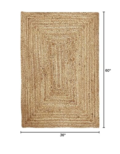 KEMA 3X5 Feet Handwoven Jute Braided Area Rug, Natural Yarn - Rustic Vintage Braided Reversible Rectangular Rug- Rugs for Bedroom, Kitchen, Living Room, Farmhouse