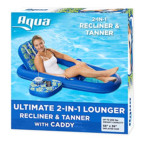 Aqua Campania Ultimate 2-in-1 Pool Float Lounge – Extra Large – Inflatable Pool Floats for Adults with Adjustable Backrest & Cupholder Caddy – Royal/Lime Hibiscus