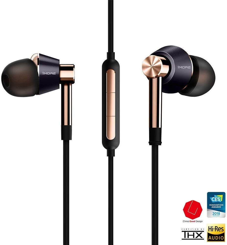 1MORE Triple Driver In-Ear Earphones Hi-Res Headphones with High Resolution, Bass Driven Sound, MEMS Mic, In-Line Remote, High Fidelity for Smartphones/PC/Tablet - Gold