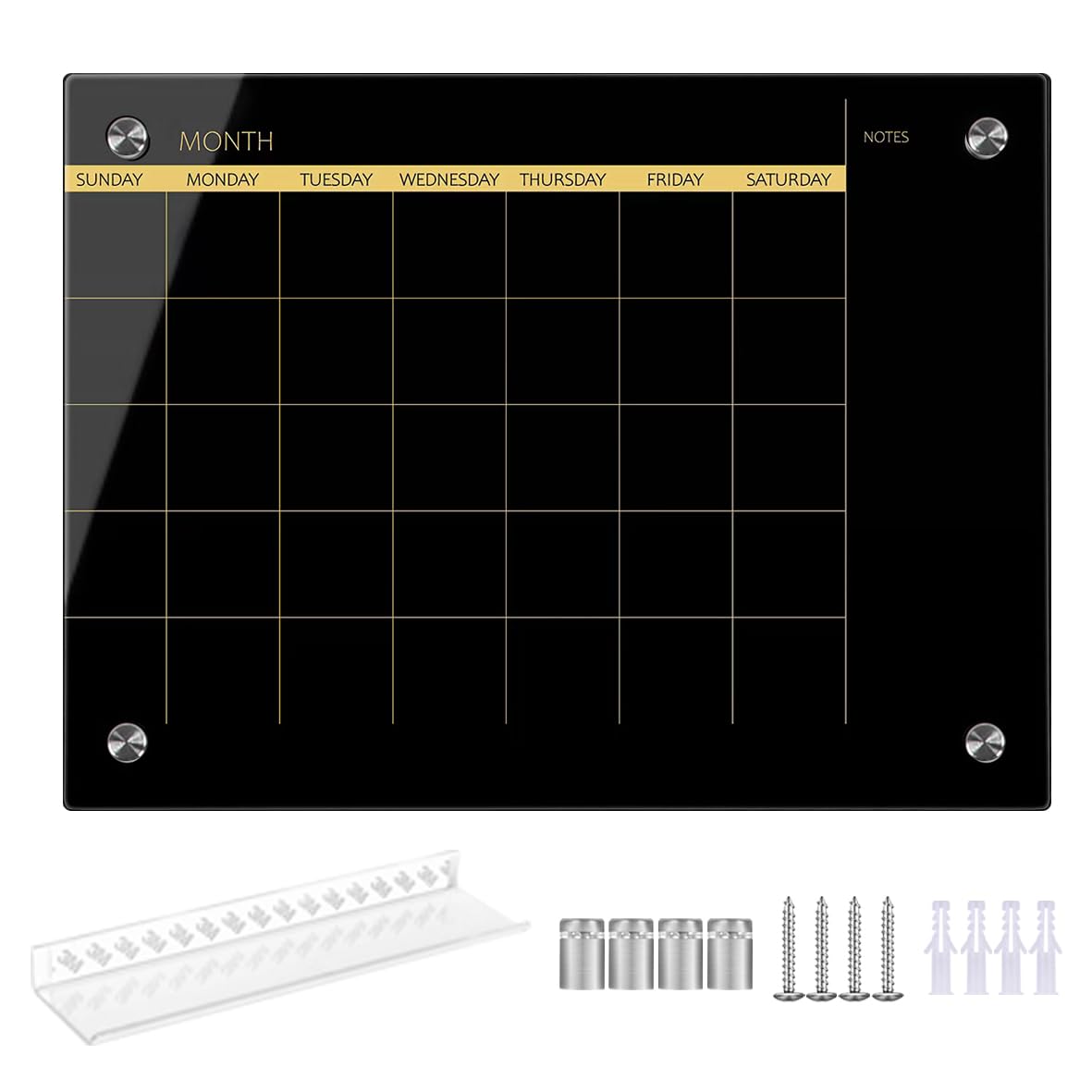 Glass Dry Erase Whiteboard,Monthly Calendar Whiteboard,18" x 24",Frameless Glass White Board for Home,School,Office,Blace Surface(GlassA-BK-4560)