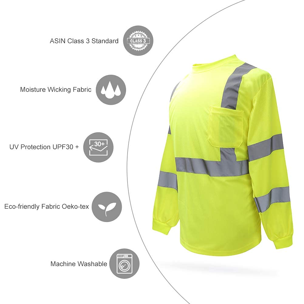 A-SAFETY Long Sleeve Safety Shirts for Men 3 Pack (Yellow X-Large)