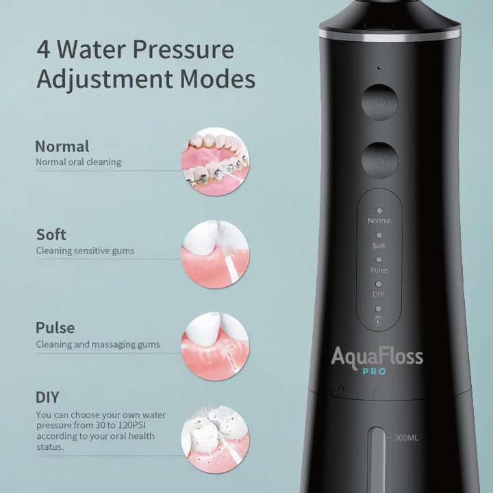 AquaFloss Pro Water Dental Flosser Teeth Pick Portable Cordless Oral Irrigator 300ml Water Tank Rechargeable Travel Teeth Cleaner IPX7 Waterproof Electric Water Flosser BV609 (Black)