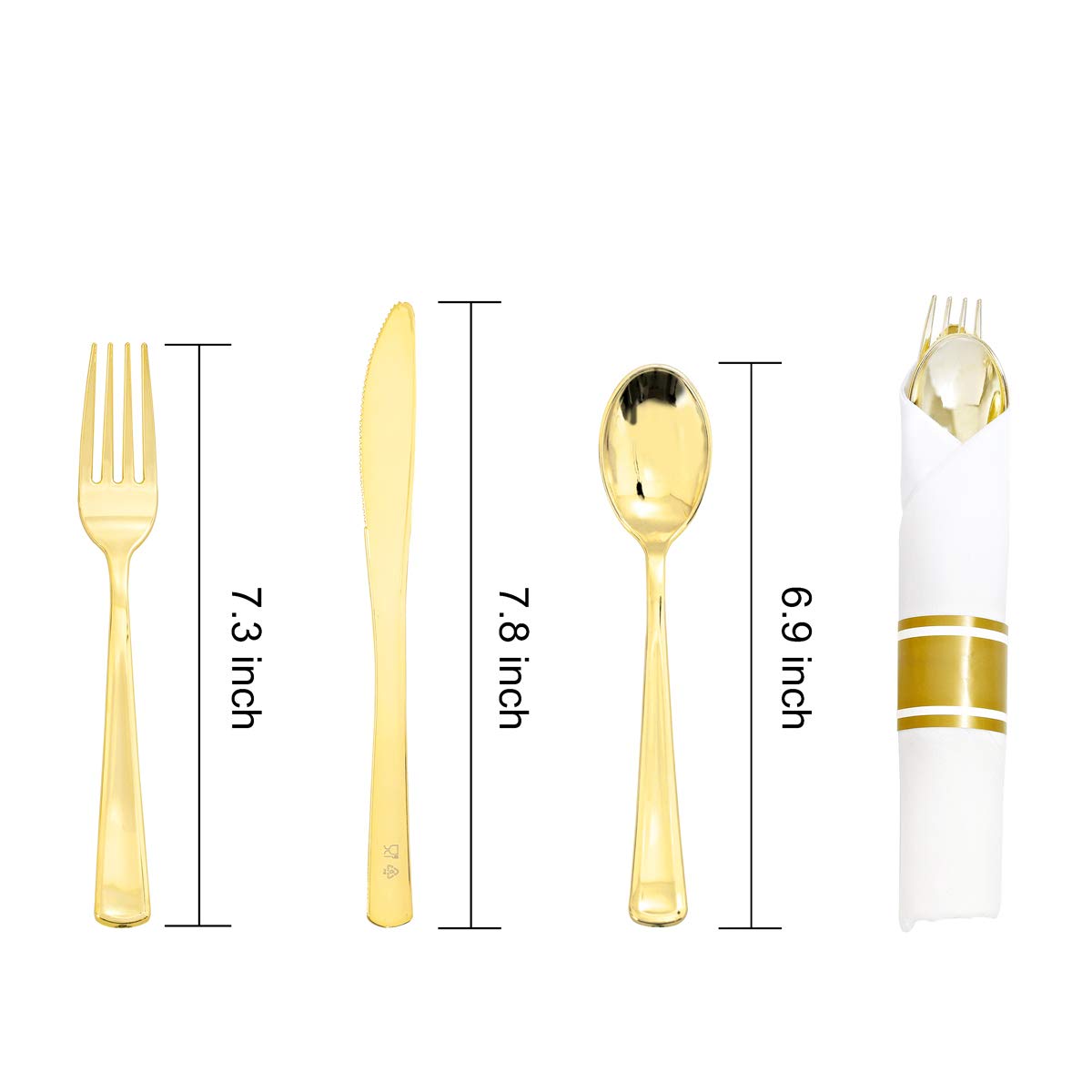 Supernal 60 Pack Pre Rolled Napkins with Gold Plastic Silverware, Premium Disposable Gold Wrapped Cutlery Set Includes: 60 Forks 60 Knives 60 Spoons 60 Napkin for Party