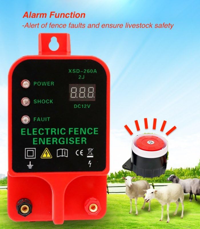 10KM 2J Portable Electric Fence Energizer, Waterproof Fence Charger for Livestock Cattle Horse, AC or Battery Powered, Alarm Function