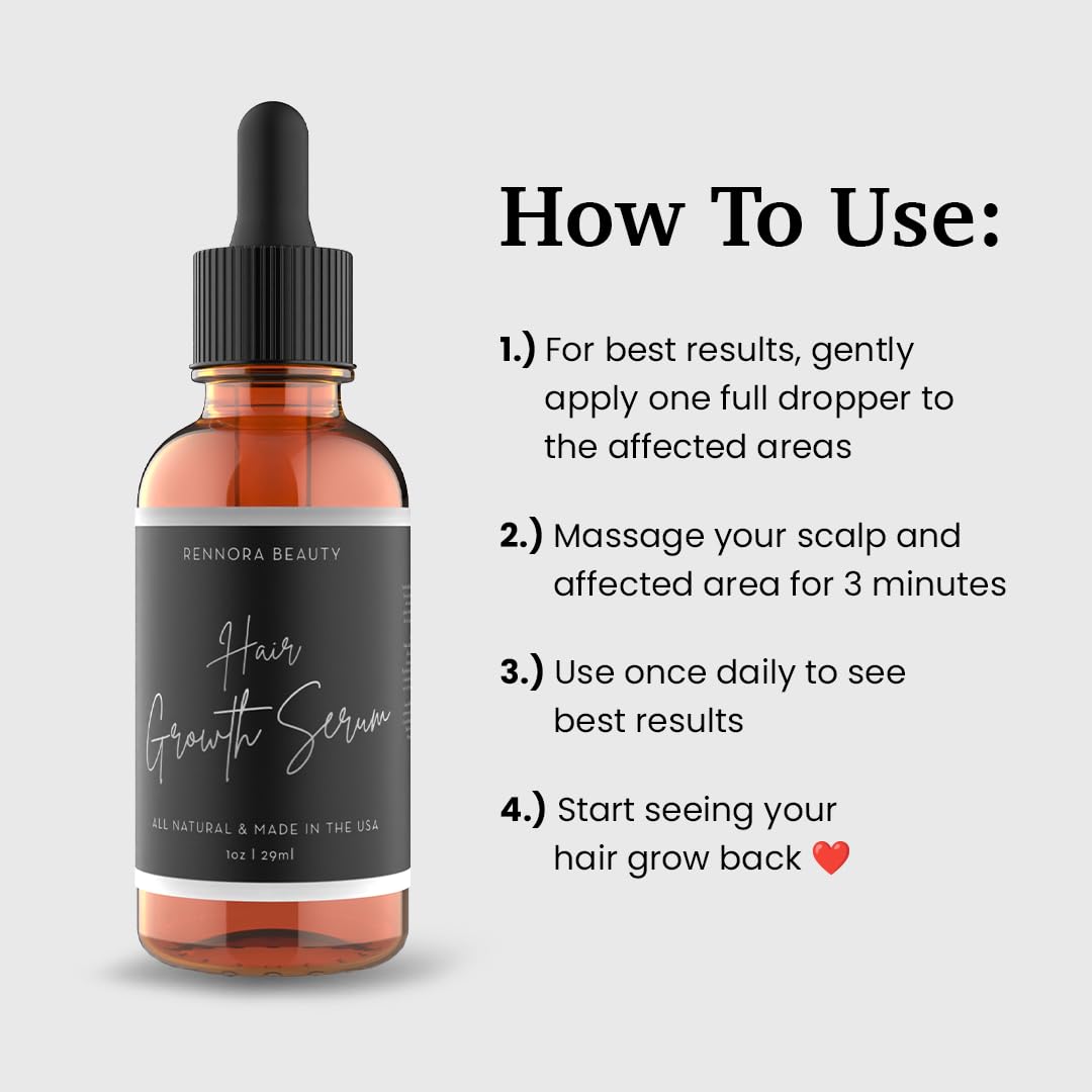 Rennora Hair Growth Serum with Organic Herbs and Natural Vitamins, Peppermint Oil, Stinging Nettle, and Rosemary Oil, No Chemicals, Formulated for Hair Regrowth (1oz per bottle, 4 Pack)