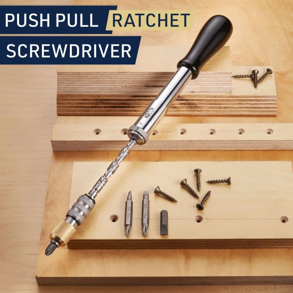 12" Yankee Screwdriver - Push Type Semi Automatic Screw Driver, 4.5mm and 5.5mm Double-Sided Philips/Flathead, PH3, and Size 7 Flat Head Bits with Quick Change Hex Chuck by Kings County Tools