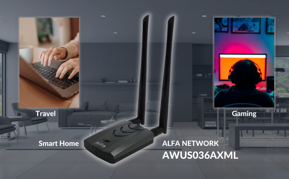 ALFA NETWORK AWUS036AXML 802.11axe WiFi 6E USB 3.0 Adapter AXE3000, Tri Band 6 GHz, Gigabit Speed up to 3Gbps