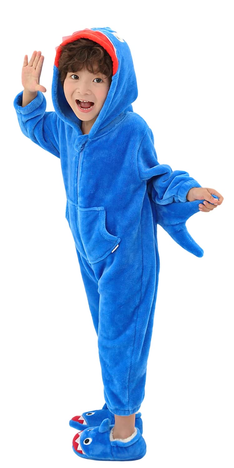 LOLANTA Boys' Girls' Halloween Shark Costume Soft Animal One-piece Jumpsuit for Kids Holiday Birthday Gift (Blue, 4-6 Years)