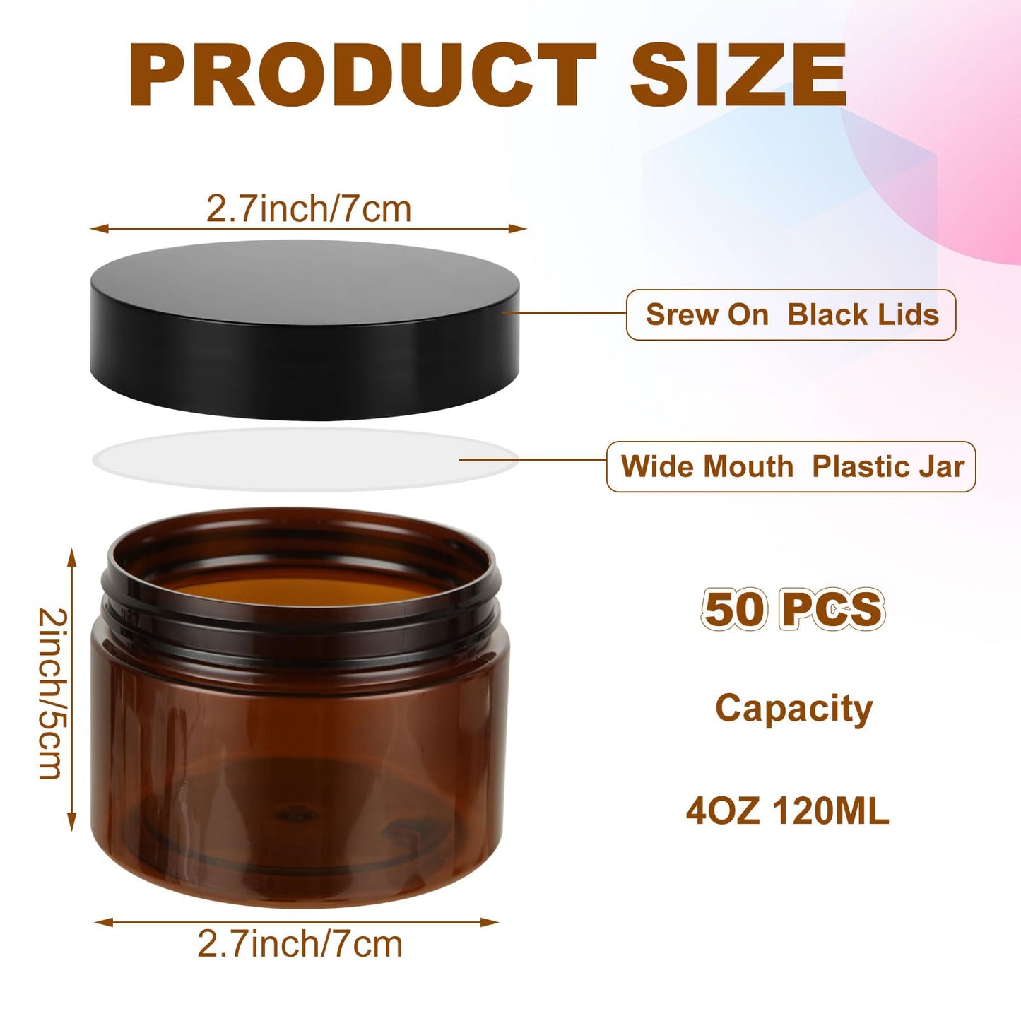 JMIATRY 50Packs 4OZ Plastic Amber Jars with Lids Refillable Ambers Plastic Jar 120ML/4 Ounce Empty Amber Containers for Cream, Cosmetic, Body Butter, Lotion