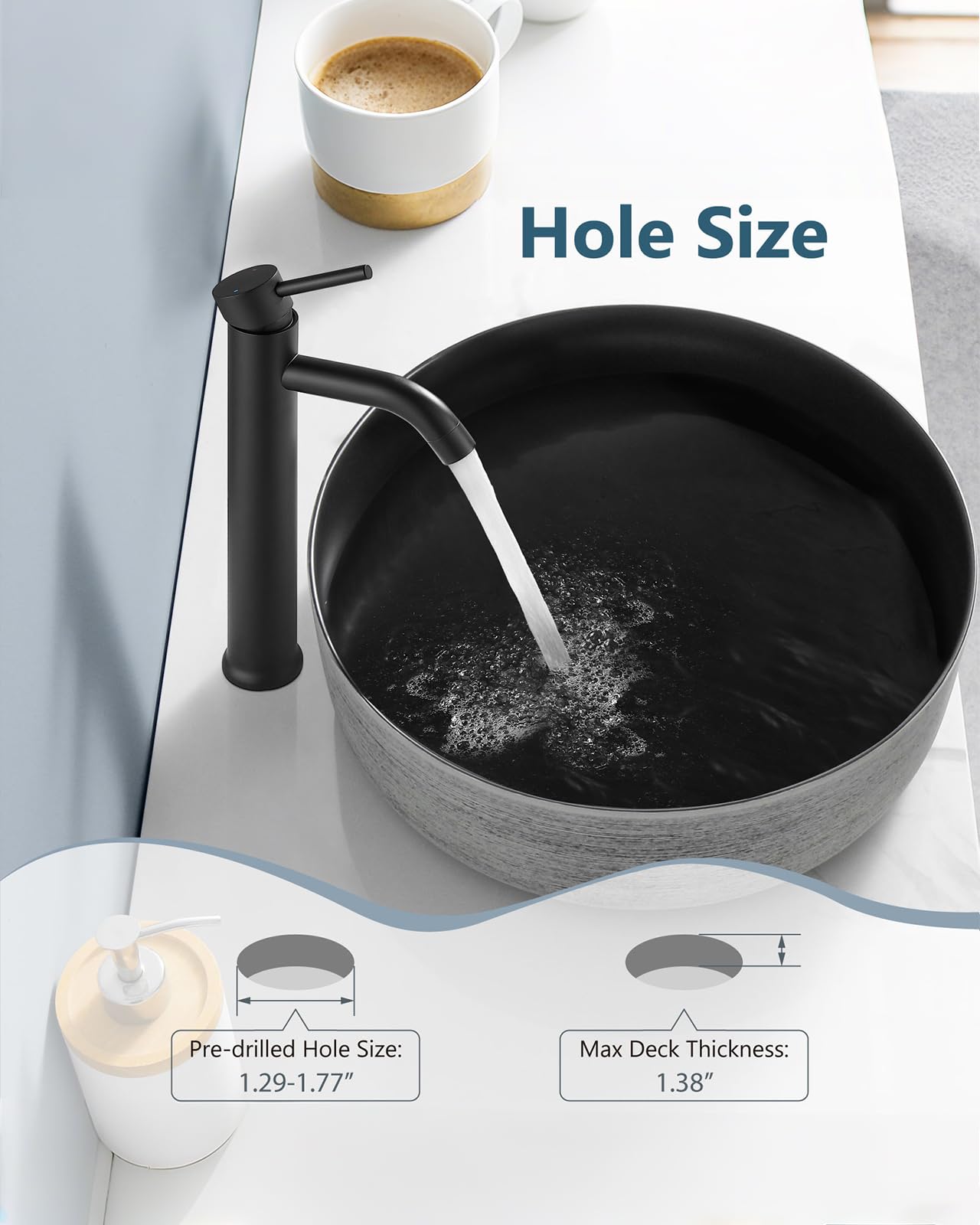 Aolemi Matte Black Vessel Sink Faucet Bathroom Faucet Tall Stainless Steel Bathroom Sink Faucet Single Handle One Hole Round Body with Pop up Drain Basin Bowl Vanity Lavatory Mixer Tap