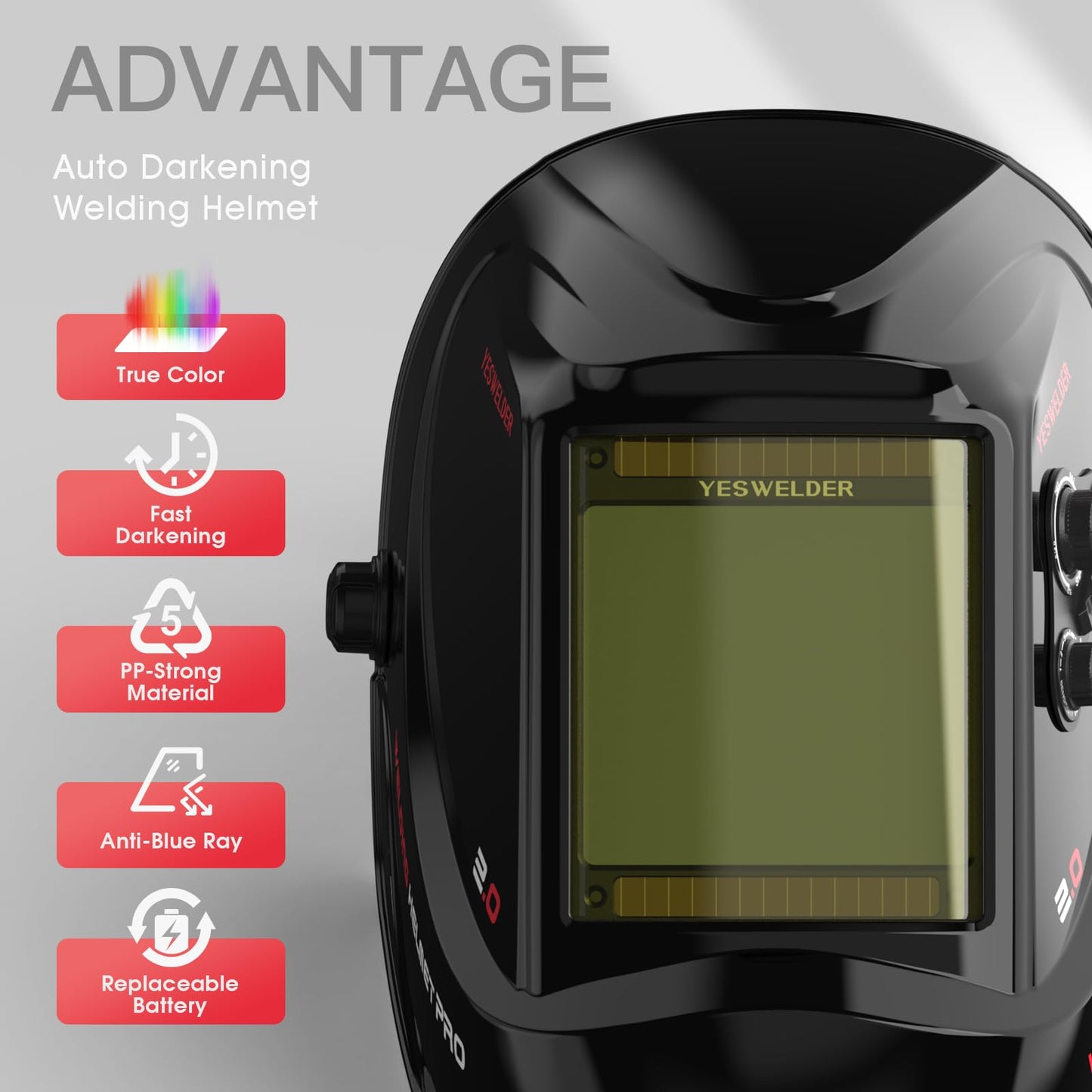 YESWELDER Large Viewing Screen 3.93"X3.66" True Color Solar Power Auto Darkening Welding Helmet, 4 Arc Sensor Wide Shade 3/5-9/9-13 for TIG MIG Arc Weld Grinding Welder Mask LYG-M800H