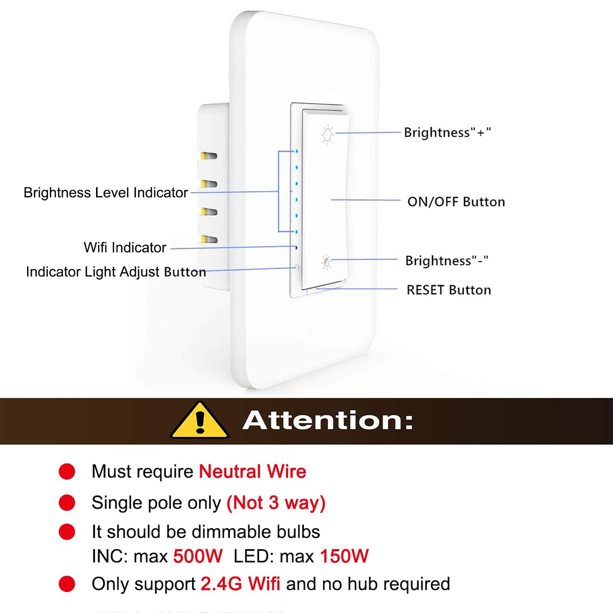 Lesim Smart Wi-Fi Dimmer Switch 2Gang Compatible with Alexa and Google Assistant, Single Pole, Needs Neutral Wire