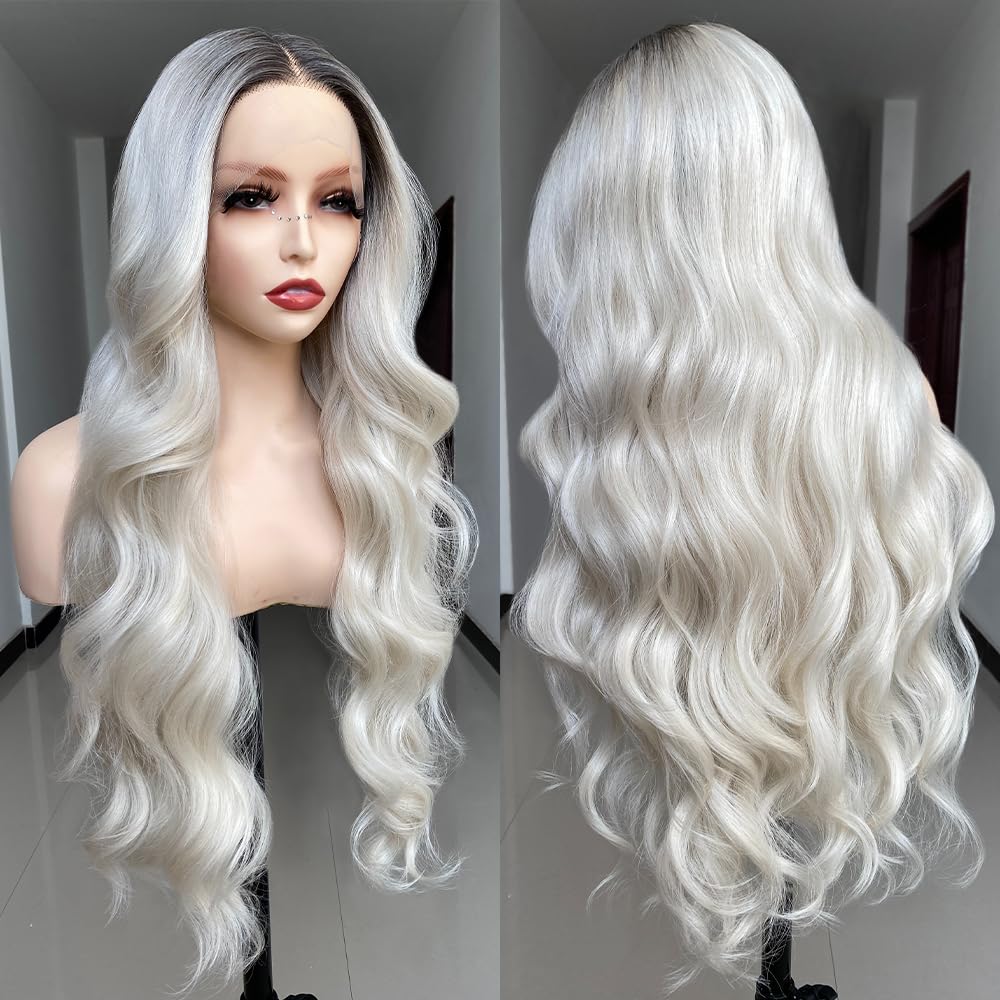SISgrace Ombre White Grey Lace Front Wig Synthetic Body Wave Wig Wear and Go 13x4x1 T-part Lace 28 Inch Dark Roots to White Grey Color Pre-Plucked HD Glueless Lace Front Wig for Women