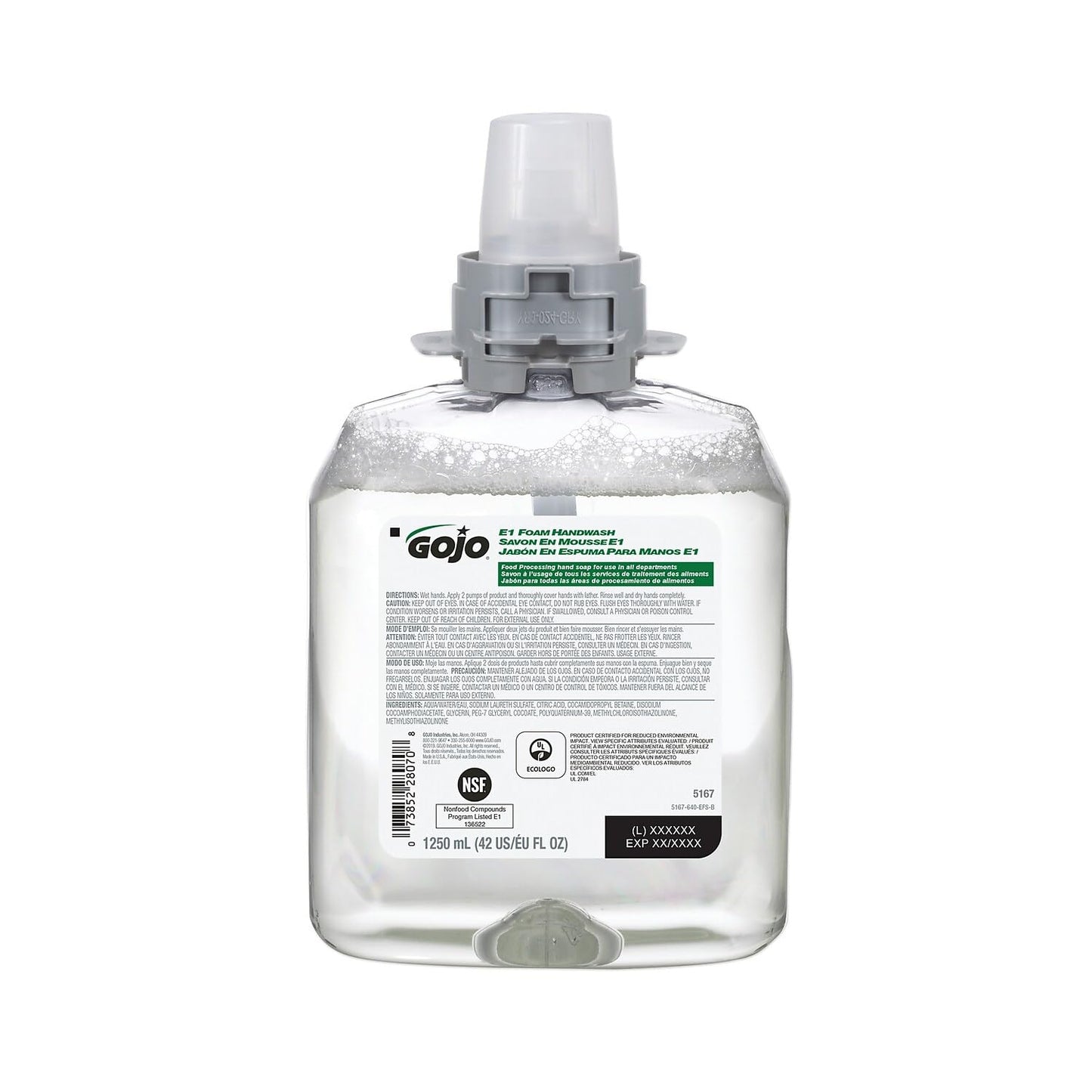 GOJO E1 Foam Handwash, Fragrance Free, 1250 mL Handwash Refill FMX-12 Push-Style Hand Soap Dispenser (Pack of 4) - 5167-04
