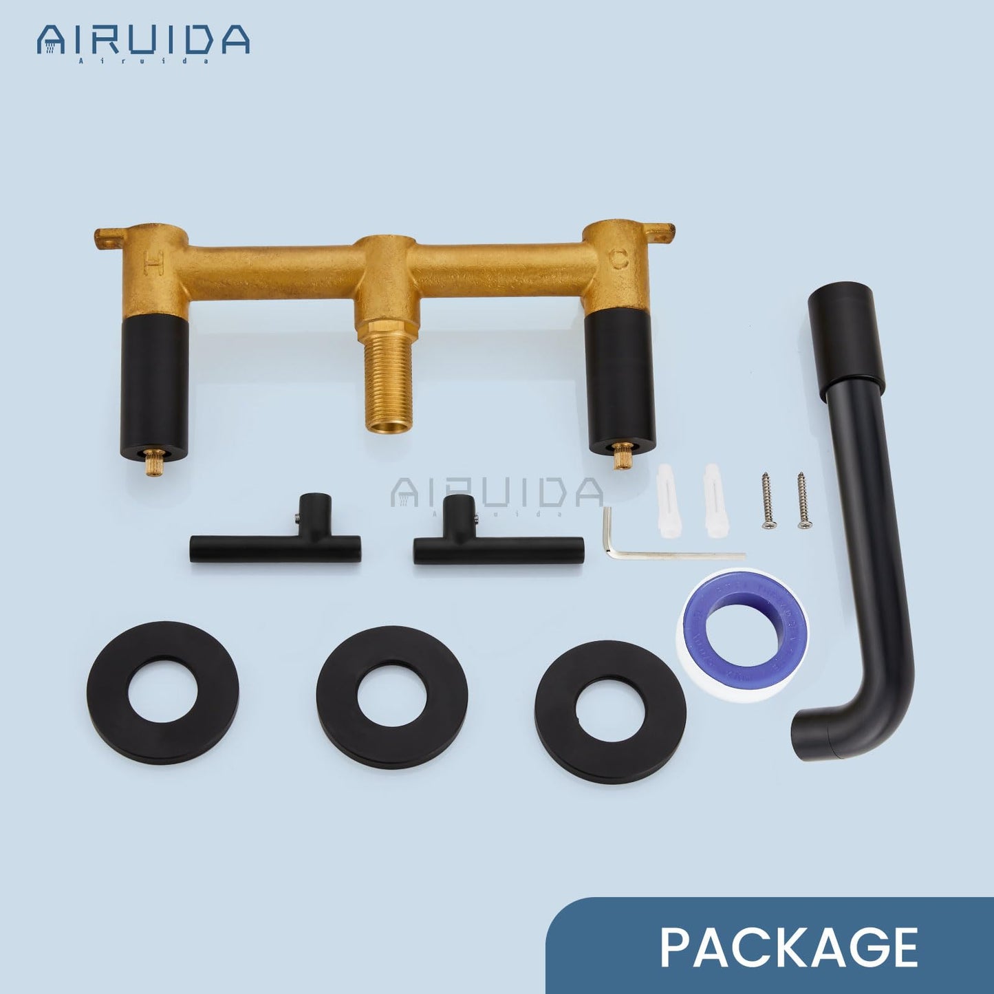 Airuida Wall Mounted Widespread Bathroom Sink Faucet Wall Mount Lavatory Faucet Vanity Sink Mixer Tap 2 Lever Handles 3 Holes 360 Swivel Spout with Brass Rough in Valve Matte Black