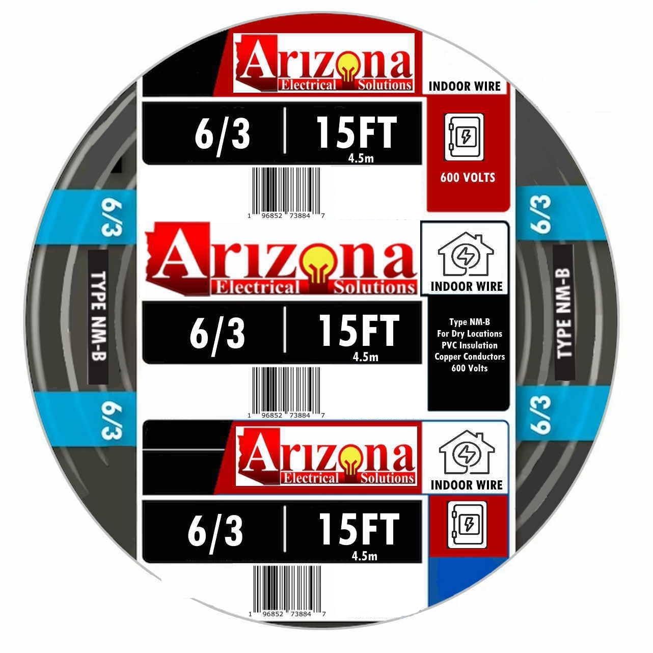 15 FEET 6/3 Type NM-B Copper. #6 AWG, 3 Conductor with Ground. Insulated Jacket Black