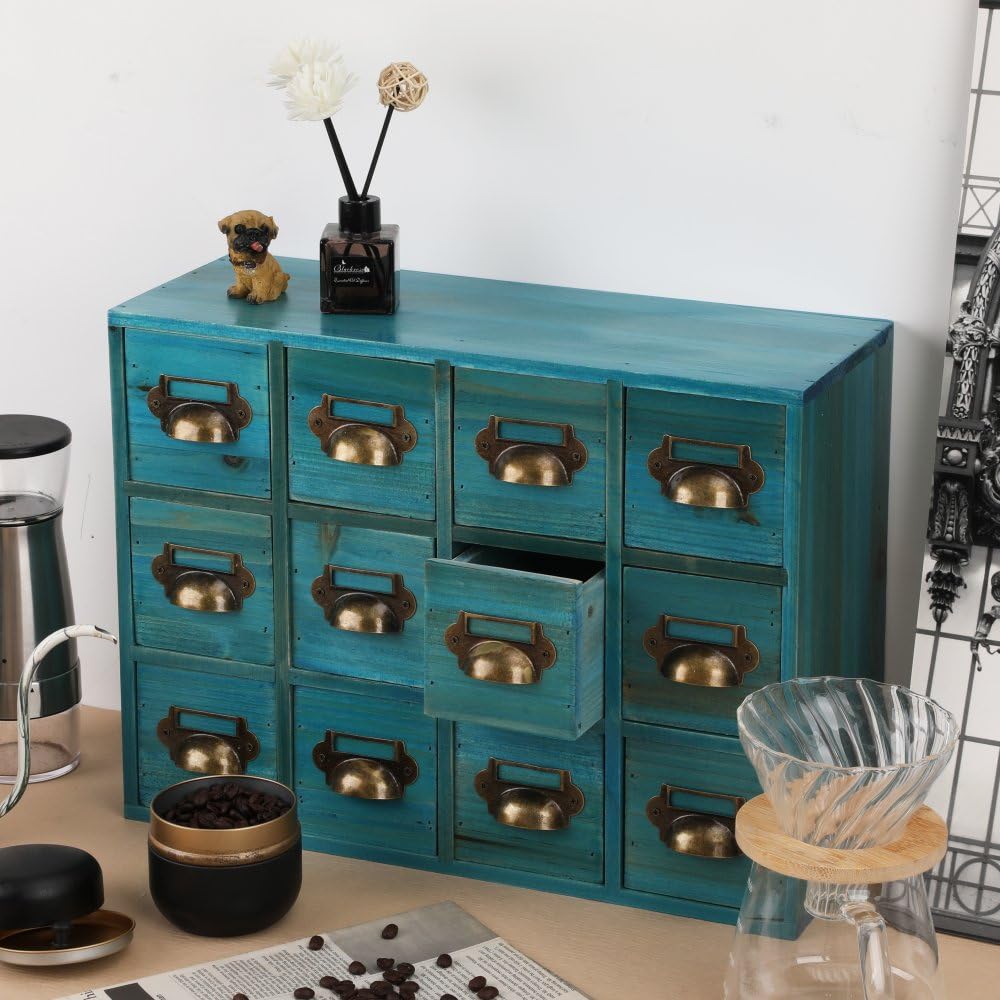 Apothecary Drawers Card Catalog Cabinet with 12 Drawers Wooden Card Catalog Wooden Storage Box for Desktop Organizer (Blue)