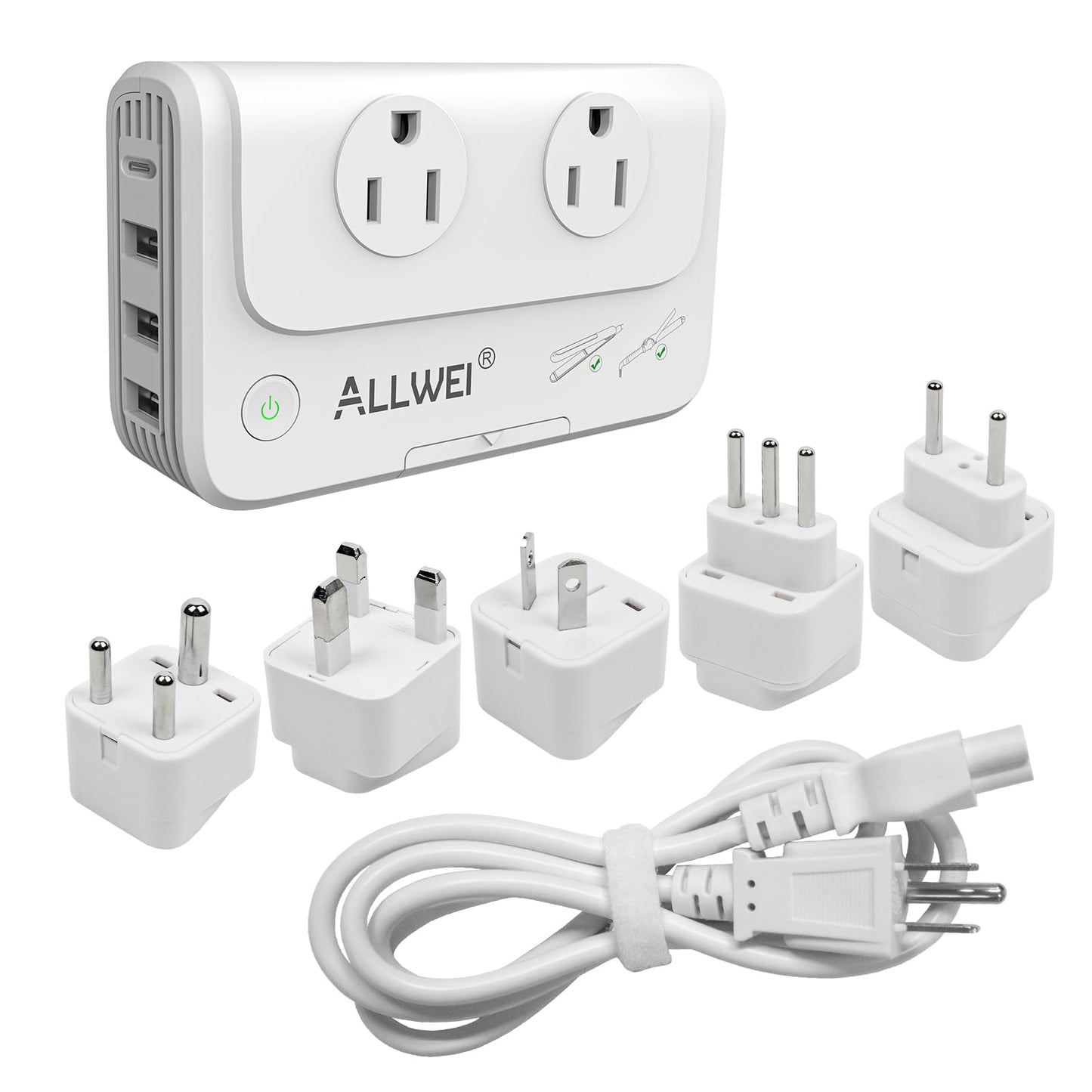 ALLWEI International Travel Adapter 220V to 110V Power Voltage Converter for Hair Straightener/Curling Iron, Universal Power Plug Adapter UK, US, AU, EU, IT, India (White)
