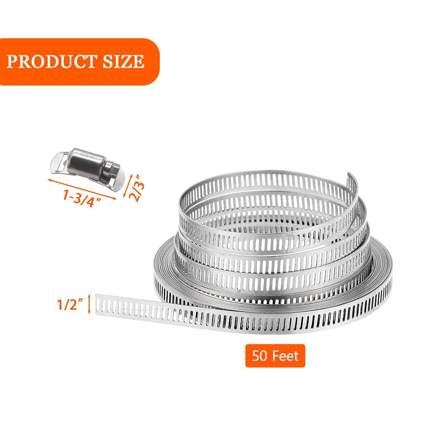 Dianrui DIY Hose Clamps 50FT 304 Stainless Steel Metal Strap + 24PCS Stronger Fasteners Assortment Kit Softsteel Large Adjustable Pipe Clamps Band Clamp for Pipe Automotive Mechanical