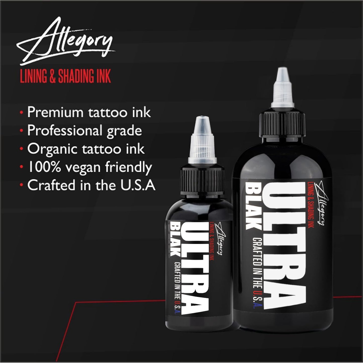 Allegory Tattoo Ink – Ultra Blak, Premium Black Tattoo Ink, Perfect for Lining and Shading, Smooth, Consistent Pigment, Vegan Friendly Tattoo Color, Organic Ink, Crafted in The USA (8 oz)