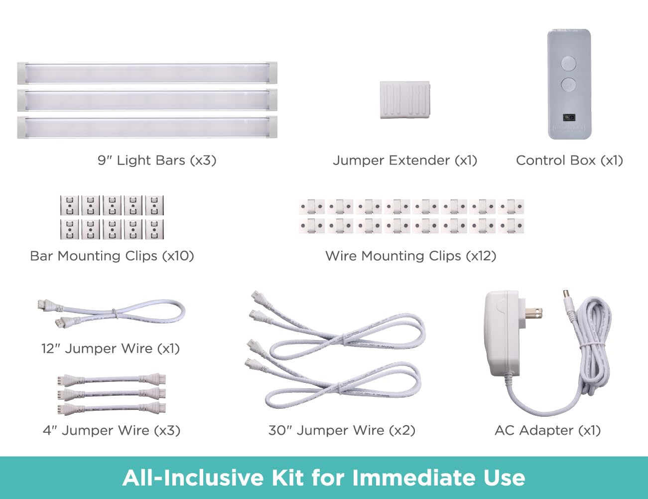 PureOptics LED Under Cabinet Light Kit, Motion Sensor, Dimmable, Linkable, 3 Color Settings, Tool-Free, for Kitchen, Cabinets and Closets, (3) 9" Bars