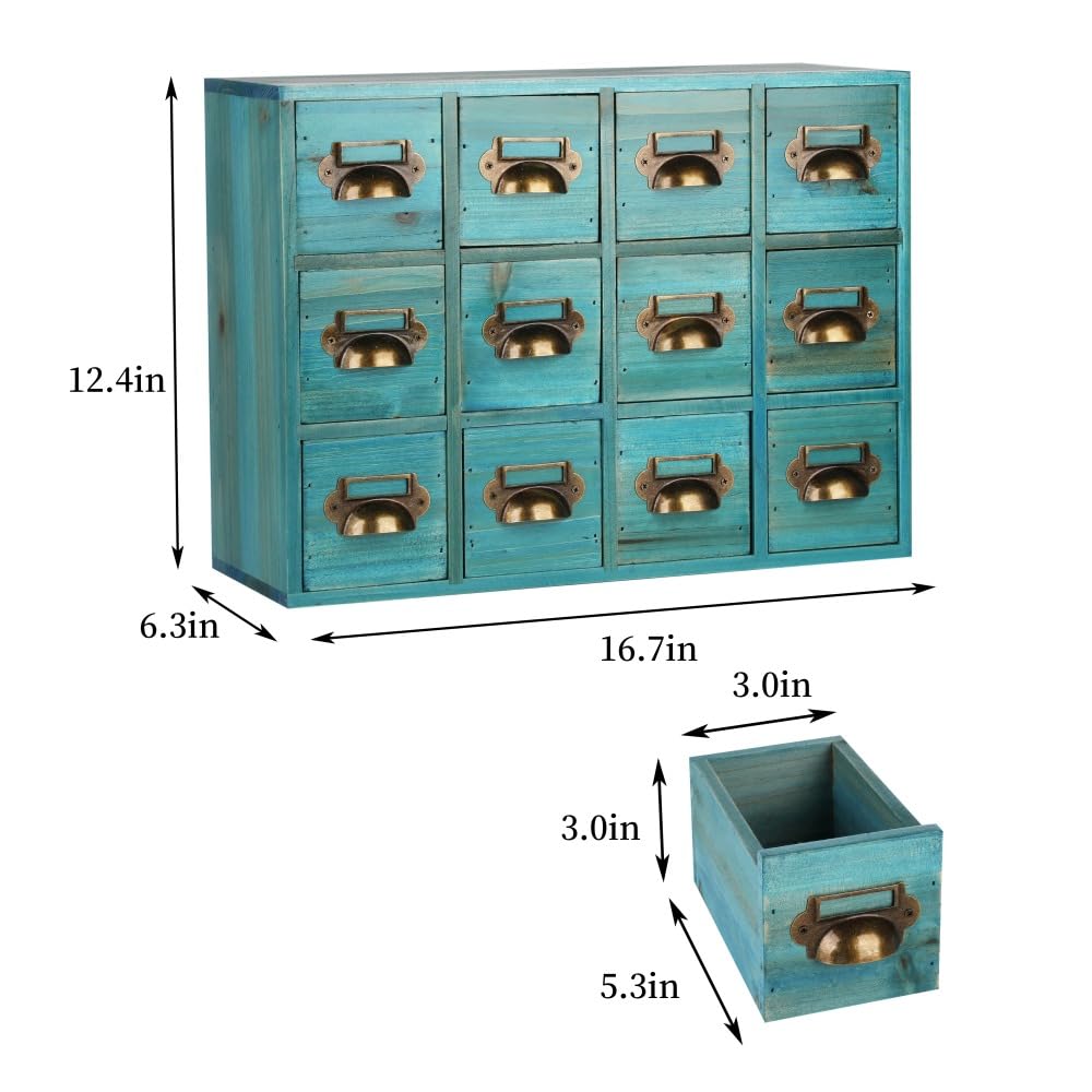 Apothecary Drawers Card Catalog Cabinet with 12 Drawers Wooden Card Catalog Wooden Storage Box for Desktop Organizer (Blue)